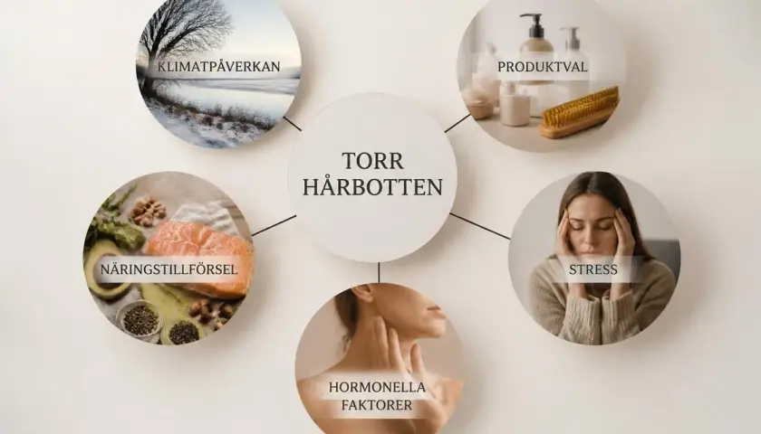 Diagrammet visar orsaker till torr hårbotten: klimatpåverkan, produktval, stress, hormonella faktorer och näringsstillförsel.
