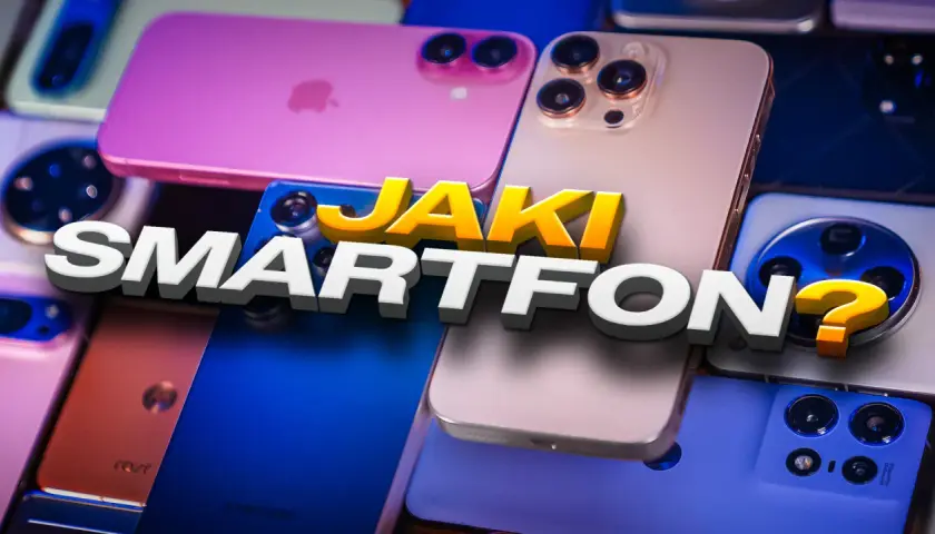 Stos różnych smartfonów, od różowych po niebieskie, z napisem "Jaki smartfon?".