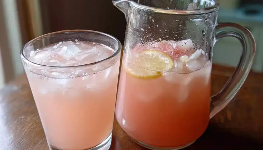 En svalkande rabarber drink med is och citronskivor i en karaff och ett glas. Perfekt för en varm sommardag.