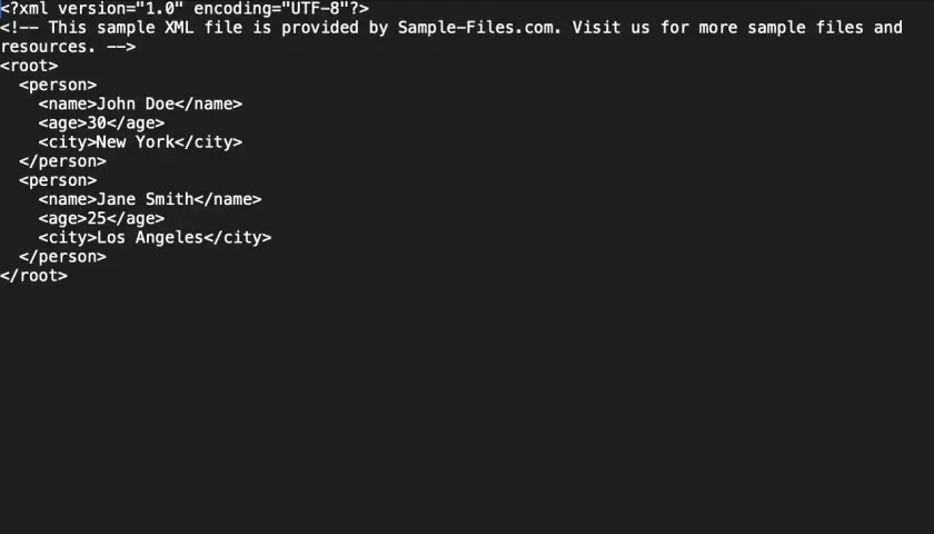 Schermata che mostra come aprire file XML con dati di persone, età e città.