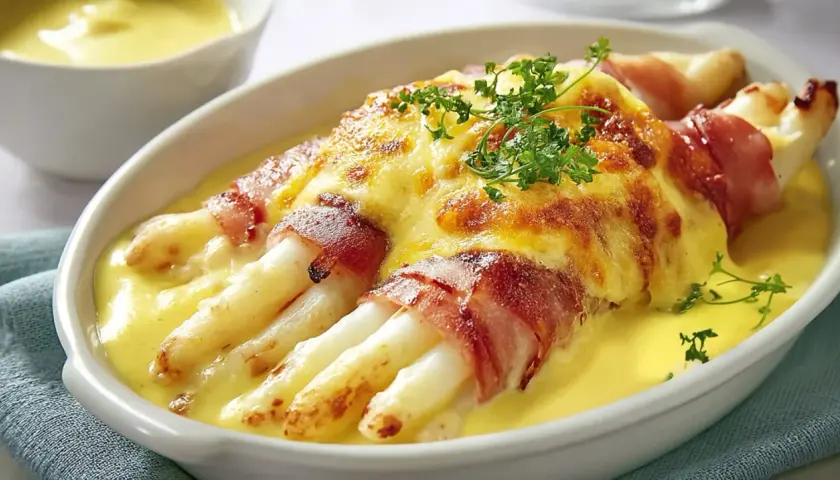 Spargel in Schinken eingerollt, überbacken mit Käse und serviert in einer cremigen Sauce.