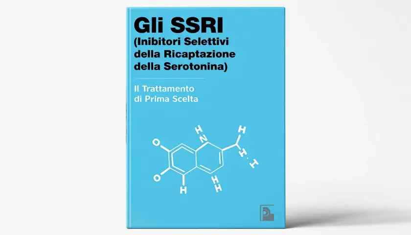 Copertina di libro blu con titolo "Gli SSRI (Inibitori Selettivi della Ricaptazione della Serotonina) - Il Trattamento di Prima Scelta". La fluoxetina a cosa serve è spiegato nel testo.