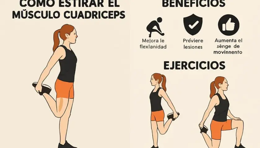 Ilustración muestra cómo estirar los músculos cuádriceps. Incluye beneficios como mejorar flexibilidad y prevenir lesiones.