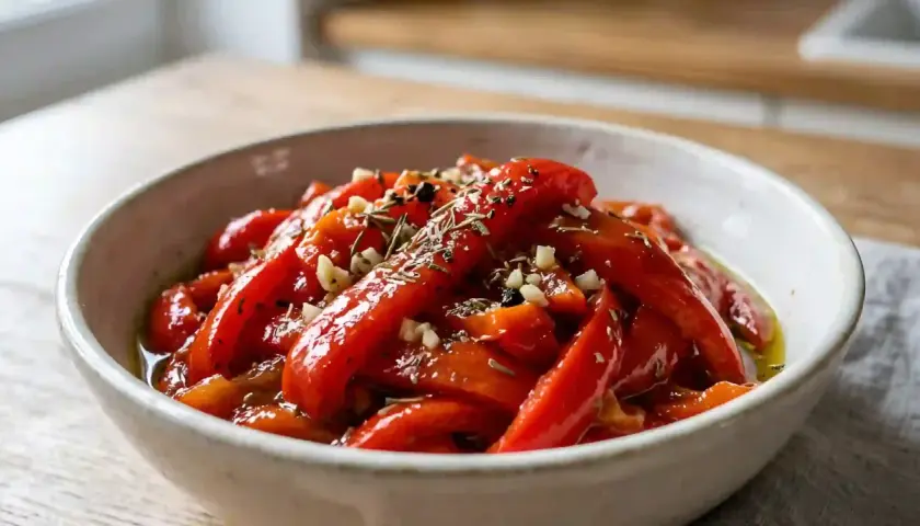 Poivrons marinés rouges, coupés en lanières, baignant dans une huile parfumée avec de l'ail et des herbes. Un délice pour accompagner vos plats.