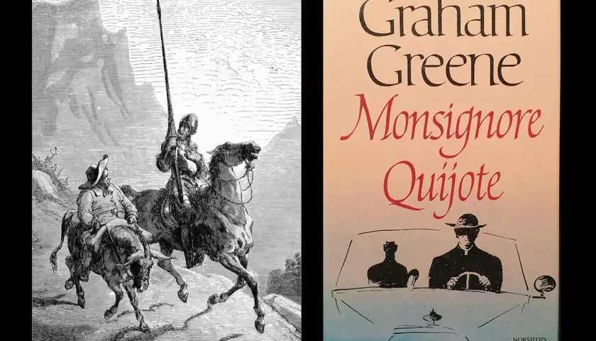 En illustration av riddaren av den sorgliga skepnaden på häst, bredvid bokomslaget till Graham Greenes "Monsignore Quijote".