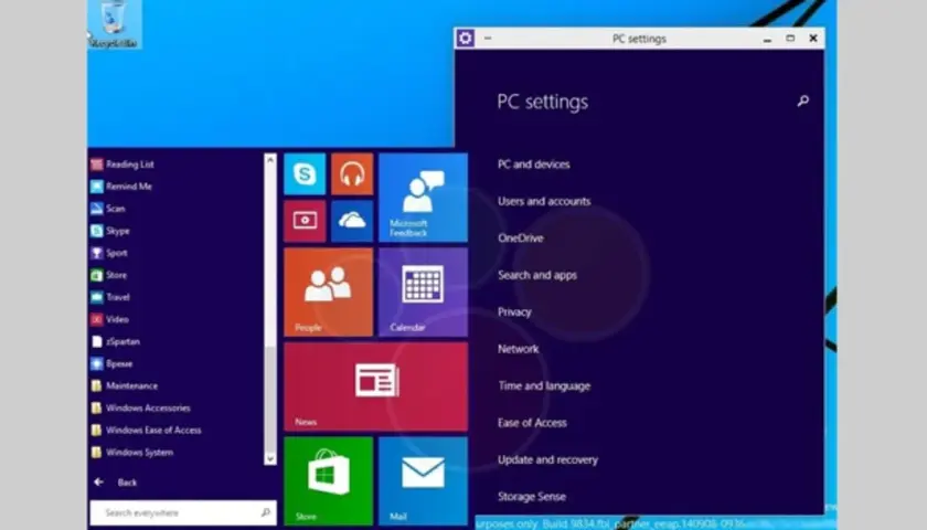Ekran startowy Windows 9 z kafelkami aplikacji i menu ustawień PC.
