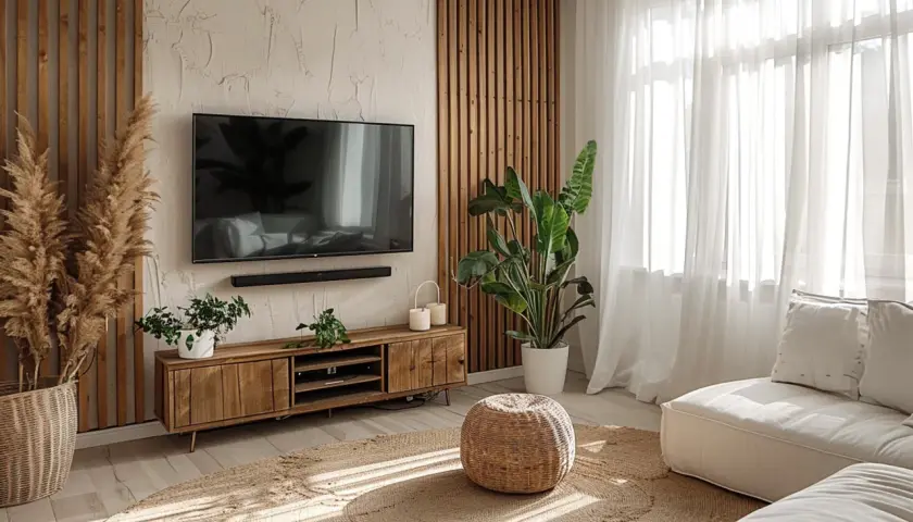 Gemütliche wohnzimmer ideen boho: Holzelemente, Pampasgras und ein beiger Teppich schaffen eine entspannte Atmosphäre.