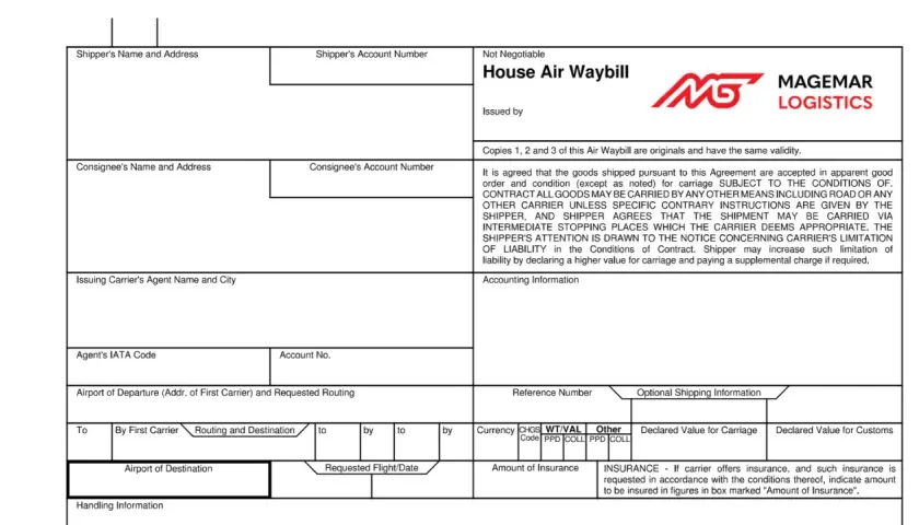 Formularz morskiego listu przewozowego z polami do wypełnienia, logo firmy i tekstem warunków przewozu.