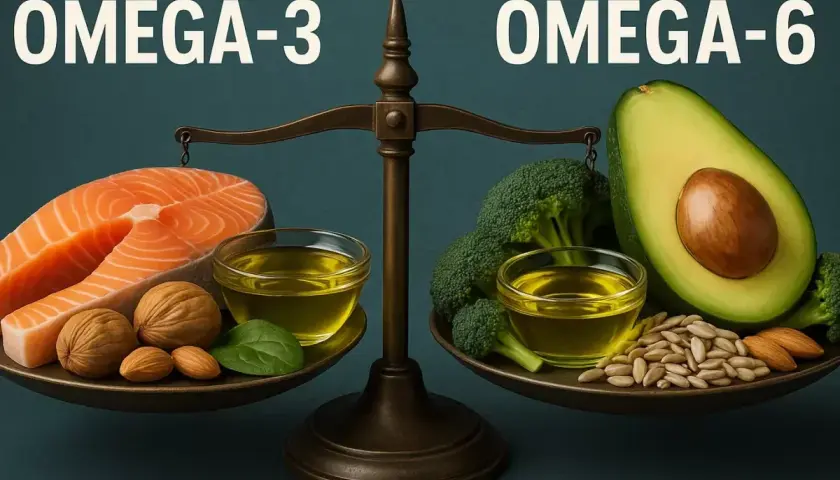 Waga pokazuje równowagę między kwasem omega 3 (łosoś, orzechy, oliwa) a omega 6 (awokado, brokuły, nasiona).