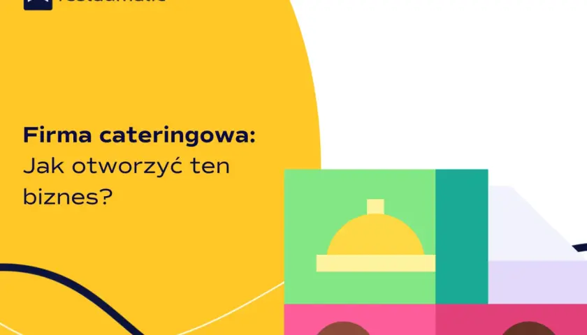 Firma cateringowa: Jak otworzyć ten biznes? Ilustracja przedstawia stylizowaną ciężarówkę dostawczą z symbolem jedzenia.