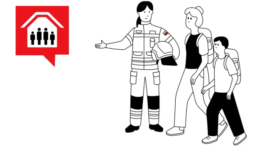 Strażaczka prowadzi rodzinę, gdy rozbrzmiewają syreny alarmowe. Czerwony symbol domu z ludzikami.