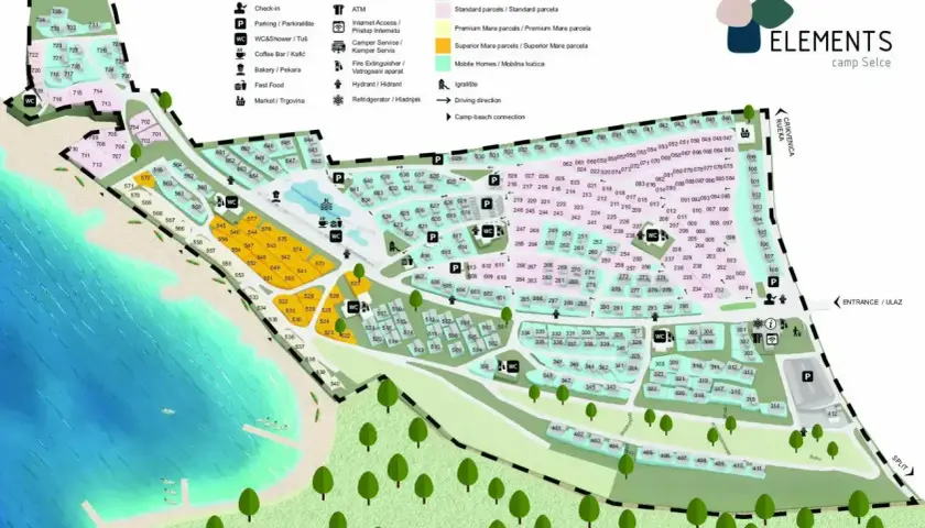 Mapa kempingu Selce: plaża, baseny, parcele standardowe i premium, domki mobilne, restauracje i inne udogodnienia. Idealne miejsce na camping Selce.