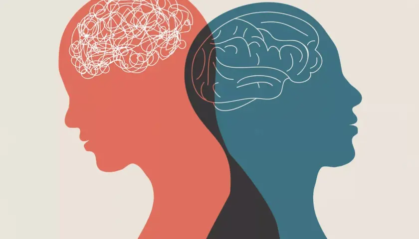 Dwa profile ludzkie, jeden z chaotycznym mózgiem, drugi z uporządkowanym. Symbolizuje to wyzwania i możliwości w studiach psychologicznych.