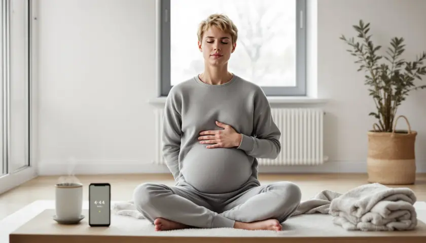 Gravid kvinna med slutna ögon sitter i lotusställning, utövar mental avslappning. En kopp ångande te och en telefon syns bredvid.