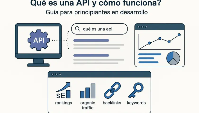 Ilustración explica qué es una API y cómo funciona, mostrando un monitor con "API", una barra de búsqueda, gráficos y elementos SEO.