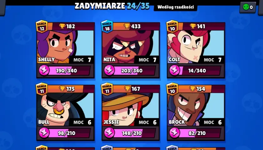 Ekran gry Brawl Stars z postaciami: Shelly, Nita, Colt, Bull, Jessie i Brock. Wszyscy to popularni brawl stars zadymiarze.