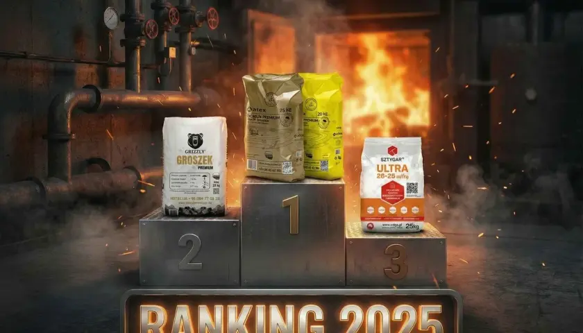 Ranking 2025: ekogroszek bartex gold na podium. W tle płonący piec i rury.