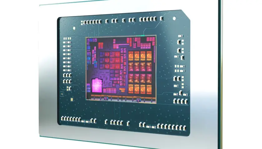 Nahaufnahme eines Prozessors, der den Ryzen 5 8600G zeigt. Die komplexen Schaltkreise leuchten in bunten Farben.