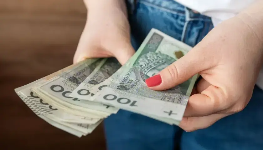 Dłonie trzymające stos polskich banknotów 100 zł.