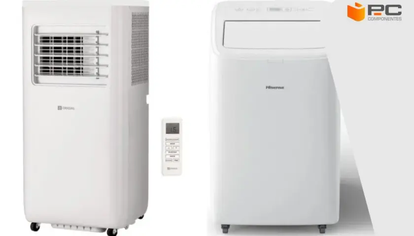 Dos aires acondicionados portátiles, uno marca Origial y otro Hisense, junto a un mando. Averigua cuanto gasta un aire acondicionado por hora en euros.