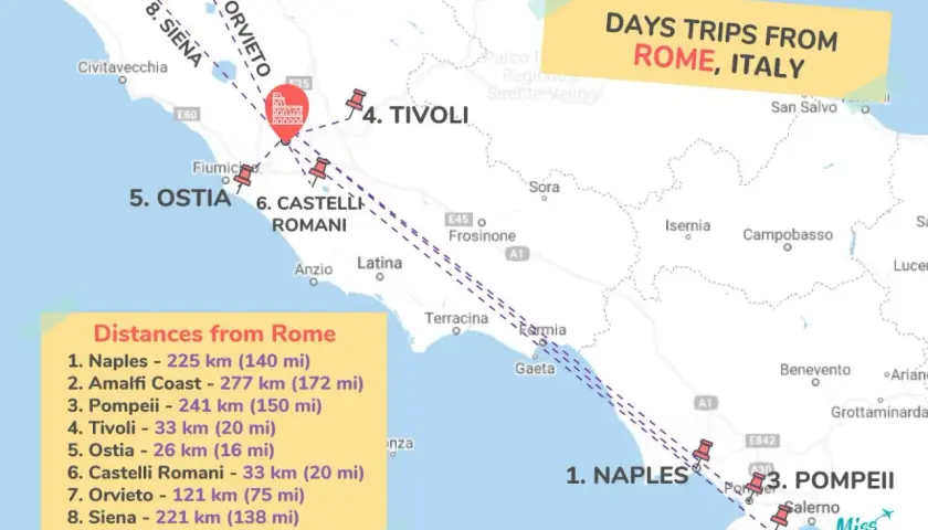 Map showing day trips from Rome, Italy, with distances to destinations like Naples, Siena, and Tivoli.