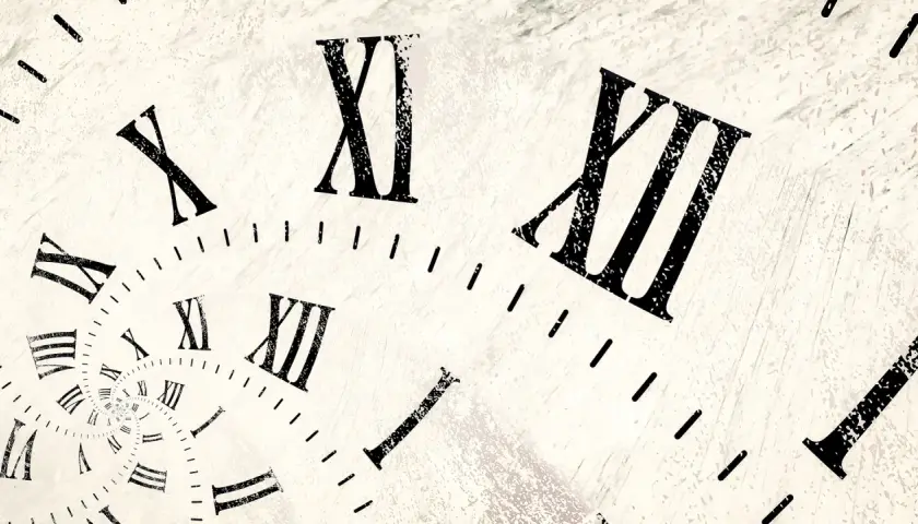 Un reloj con números romanos se retuerce en espiral, mostrando las reglas de los números romanos en un diseño abstracto y onírico.