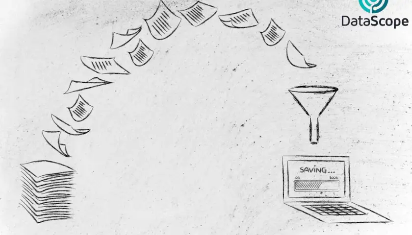 Un embudo digitaliza documentos, mostrando el proceso de ahorrar papel.