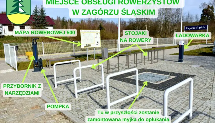Miejsce obsługi rowerzystów w Zagórzu Śląskim: stojaki, ładowarka, pompka, przybornik z narzędziami i mapa rowerowa.