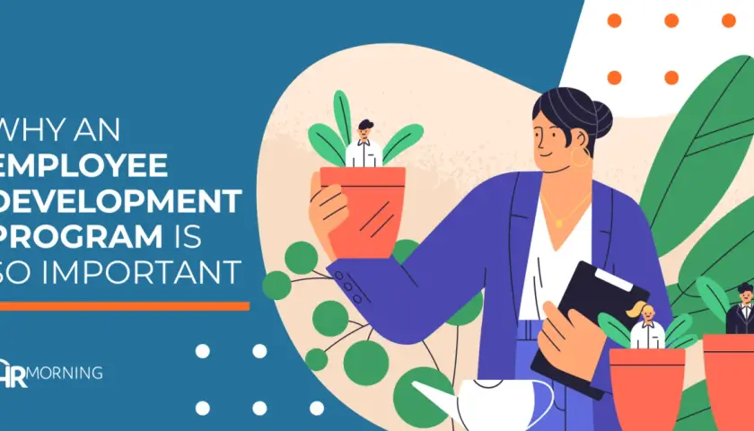 A woman tends to potted plants, each with a tiny person inside, symbolizing total employee development. Text reads "Why an employee development program is so important.