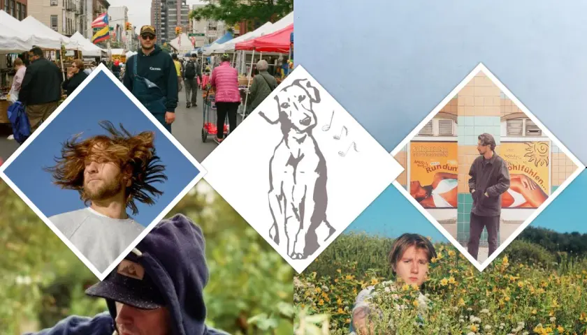 Collage de photos : homme aux cheveux roux, chien stylisé, homme devant des affiches, homme dans des fleurs, marché de rue.