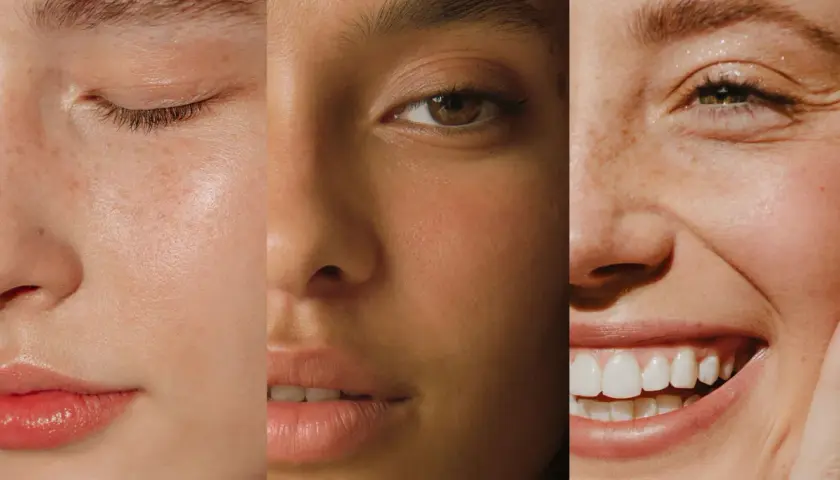 Trois visages aux teints variés, montrant comment faire son teint éclatant avec des textures de peau naturelles et douces.