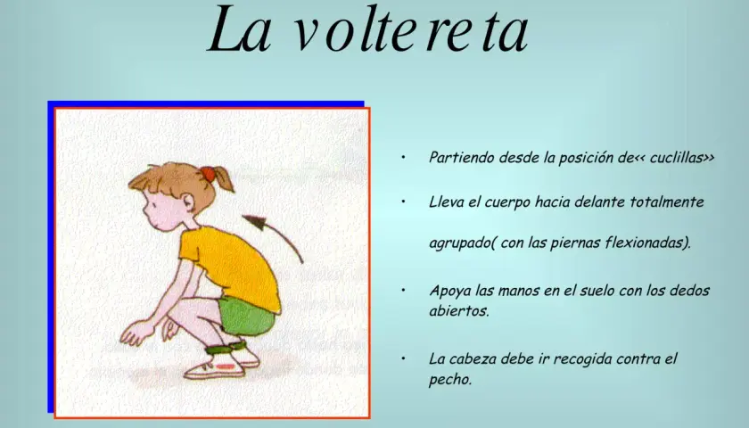 Ilustración de cómo hacer volteretas niños: un niño en cuclillas, listo para rodar.
