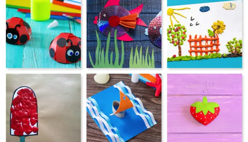 Manualidades para actividades infantil verano: mariquitas de papel, pez con CD, paisaje de plastilina, helado, barco y fresa.
