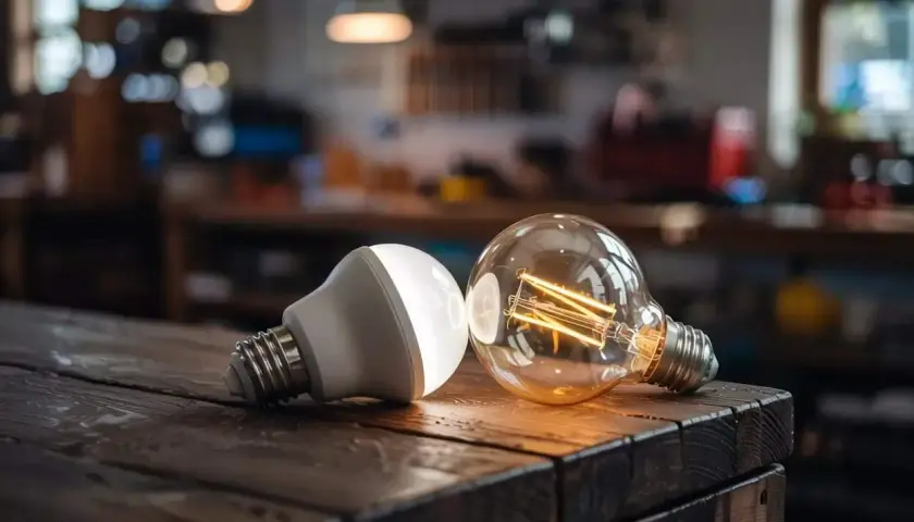 Bombilla LED moderna junto a una bombilla de filamento LED de estilo vintage.