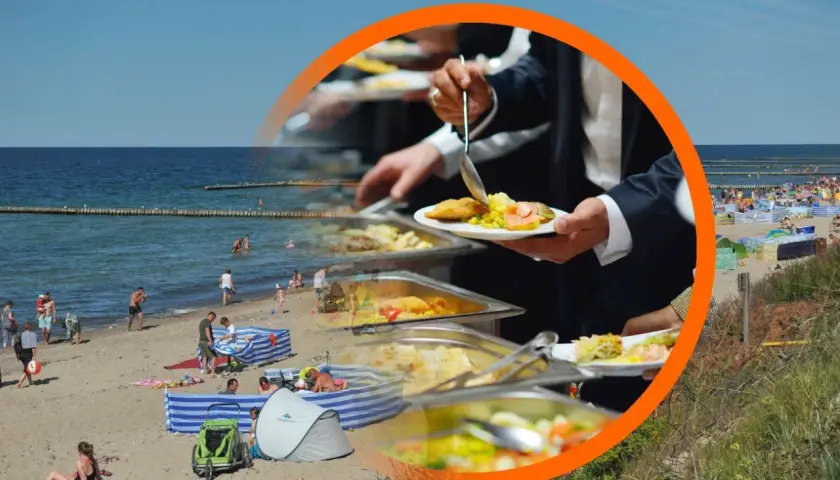 Plaża w Polsce z ludźmi odpoczywającymi nad morzem i bufetem all inclusive.