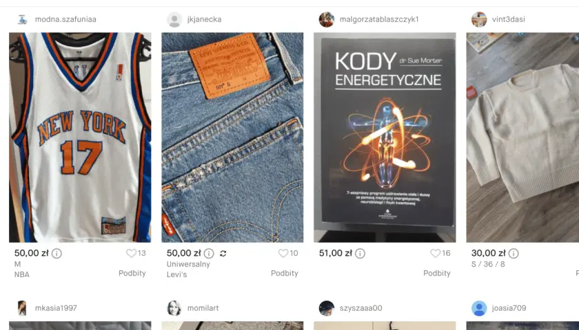 Sprzedaż ubrań używanych przez internet: koszulka NBA, jeansy Levi's, sweter.