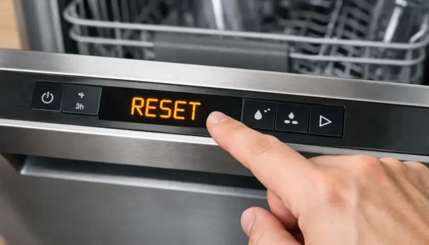 Palec naciska przycisk "RESET" na panelu zmywarki Beko. Nie ma tu bezpiecznika, ale reset pomoże rozwiązać problemy.