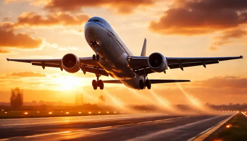Avión despegando al atardecer, listo para un viaje con aerolíneas low cost.