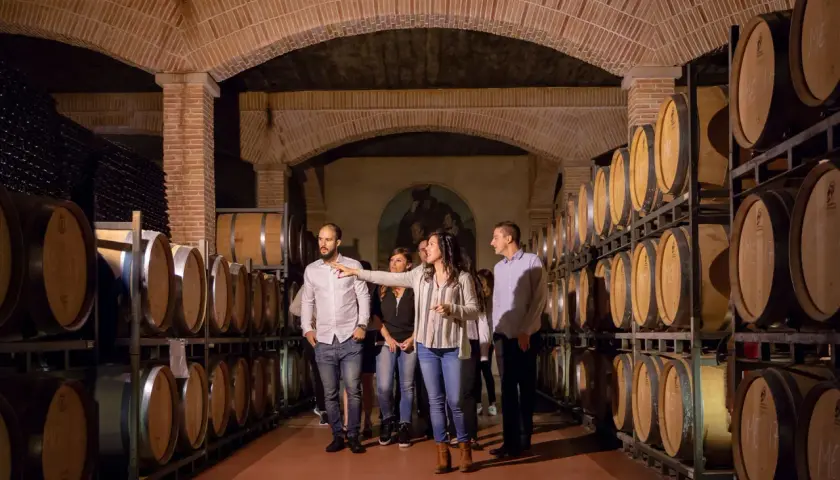 Un grupo de personas disfruta de catas en Alicante, aprendiendo sobre el proceso de elaboración del vino en una bodega con barricas de roble.