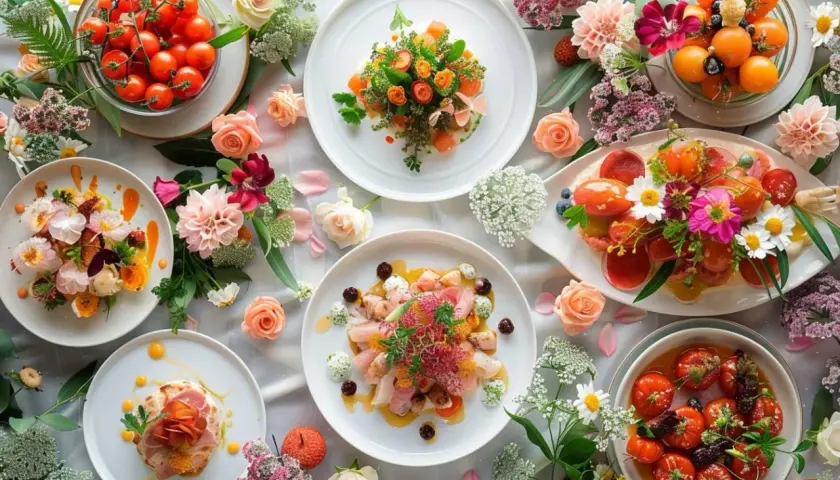 Un magnifique **entrée mariage repas** floral, avec des assiettes de mets colorés et des fleurs fraîches.
