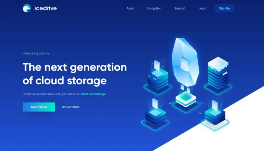 Icedrive: la próxima generación de almacenamiento en la nube, con 10GB gratis. Diseño futurista con cristales y servidores.