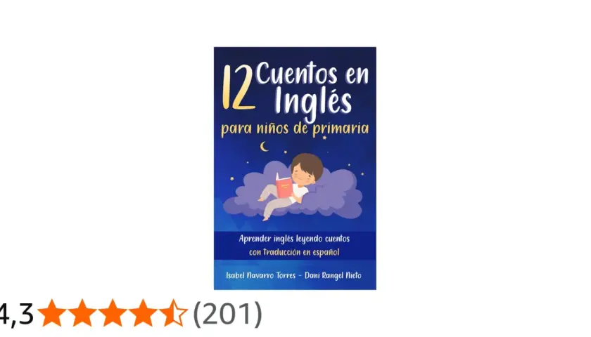 Un niño lee cuentos en inglés sobre una nube estrellada. El libro "12 Cuentos en Inglés para niños de primaria" ayuda a aprender inglés con traducción.