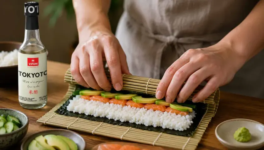 Ręce zwijają sushi z łososiem i awokado na macie bambusowej. Obok butelka octu ryżowego do sushi.