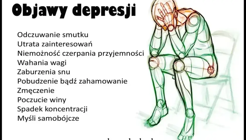Ilustracja przedstawia objawy depresji, takie jak smutek, utrata zainteresowań i zmęczenie. Postać siedzi skulona, zakrywając twarz dłońmi, co symbolizuje epizod depresyjny.