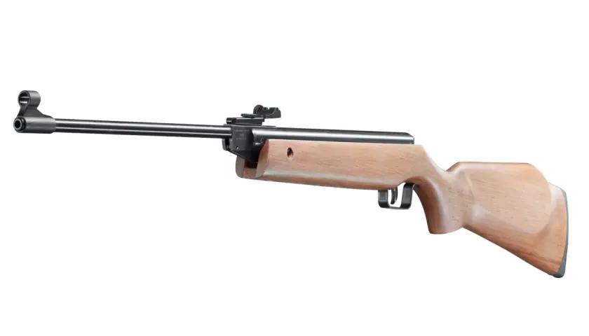 Drewniana wiatrówka z czarnym metalowym lufą i celownikiem. Model 45, kaliber 4.5mm.