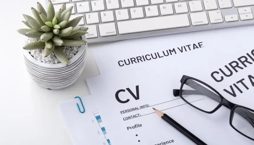 Na biurku leżą dokumenty CV, klawiatura i okulary. To miejsce pracy, gdzie liczy się wykształcenie i doświadczenie.