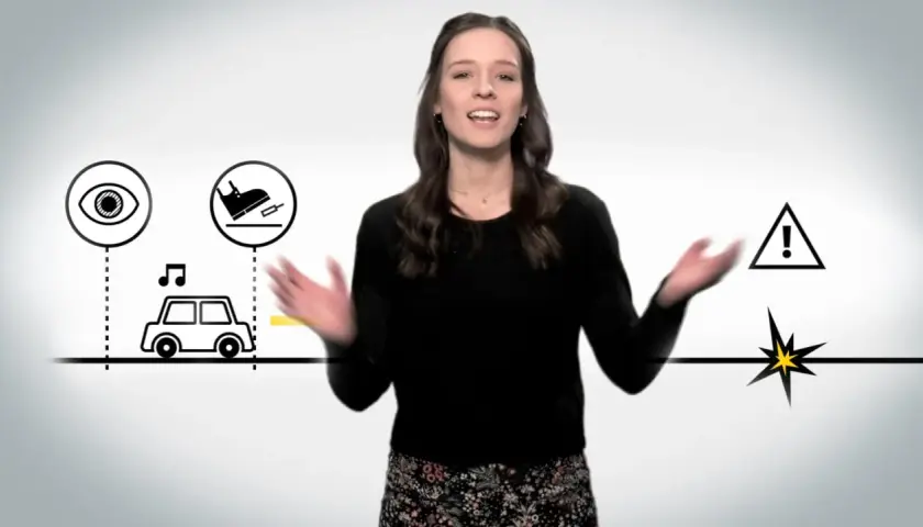 Eine Frau erklärt die normale Bremsung. Symbole zeigen Auge, Fuß auf Pedal, Auto mit Musiknote, Warnzeichen und einen Stern. Der Bremsweg ist kurz.