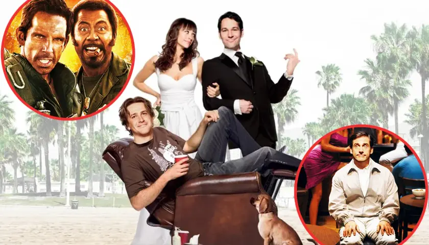 En samling scener från roliga komedi filmer med skådespelare som Ben Stiller, Robert Downey Jr., Paul Rudd, Rashida Jones och Steve Carell.