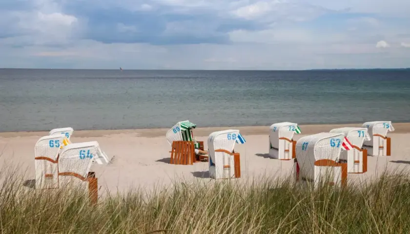 Tanie noclegi nad morzem blisko plaży. Rzędy białych koszy plażowych z numerami na piasku, morze i niebo w tle.