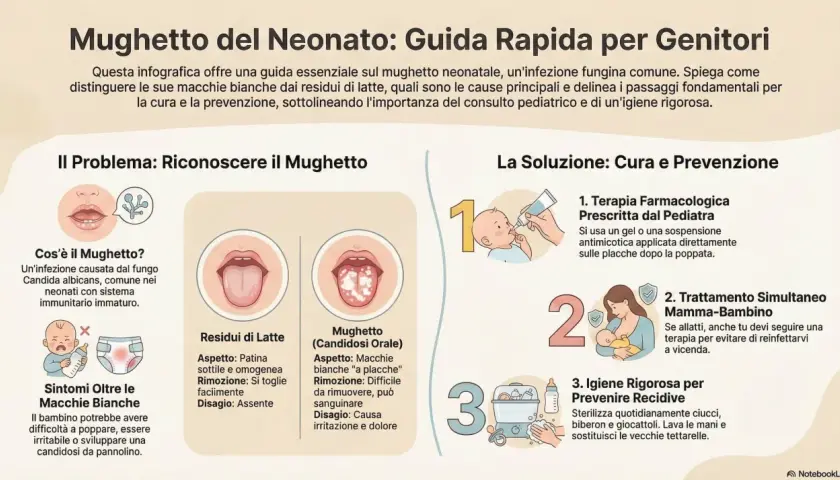 Guida rapida sul mughetto neonatale: come riconoscerlo, curarlo e prevenirlo. Immagini mostrano bocca sana, residui di latte e mughetto.
